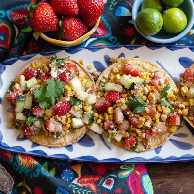 Strawberry and Corn Tostadas with Lime and Cotija