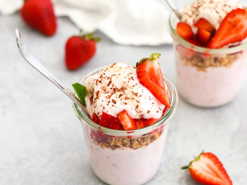 A strawberry parfait provides important carbohydrates and protein after a workout.